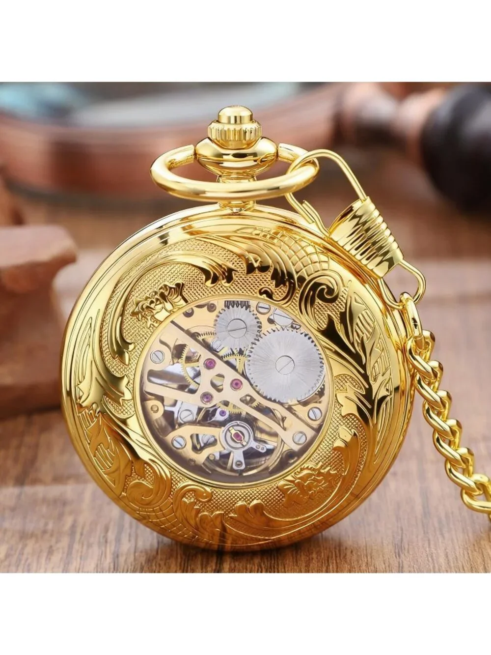 Mens All Gold Vintage Style Hollow-Out Round Gear Arabic Mechanical Pocket Watch